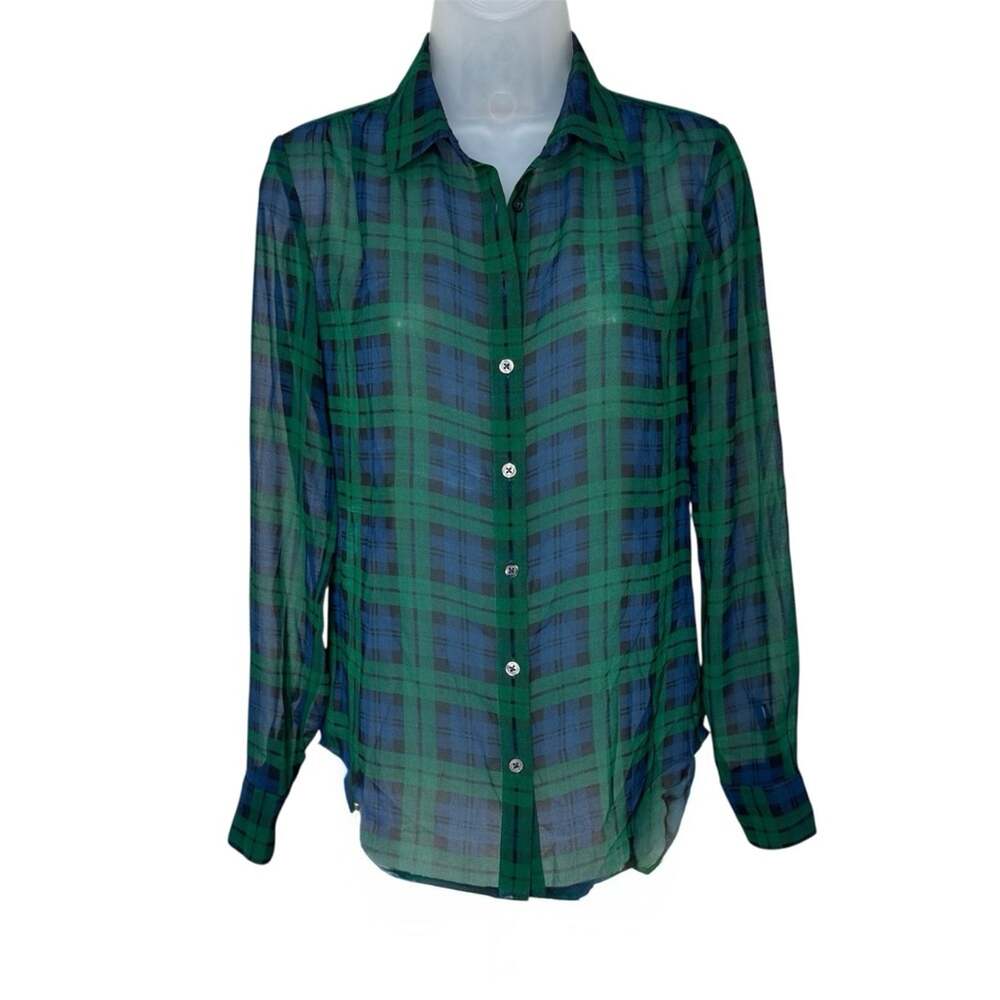 BANANA REPUBLIC Women’s Semi Sheer Green Blue Plaid Button Down Shirt